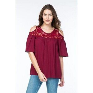 Olivia Pratt Womens Size Small Cold Shoulder Lace Top Gauze Lace Red ZT369 1867